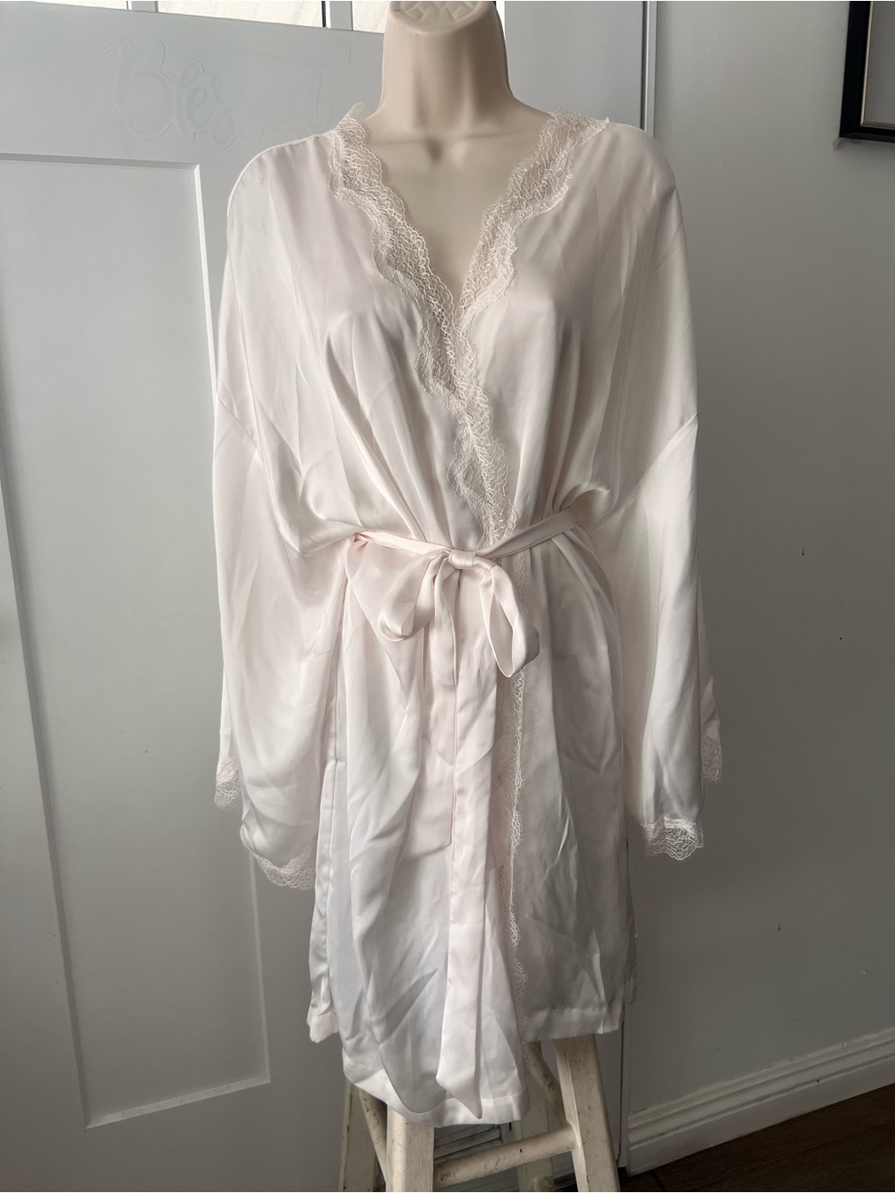 Victoria's Secret Sheer Lace-Trim Satin Robe in Pale Pink